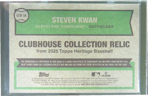 2025 Heritage Steven Kwan JSY #CCR-SK Guardians Clubhouse Collection Relics - Image 3
