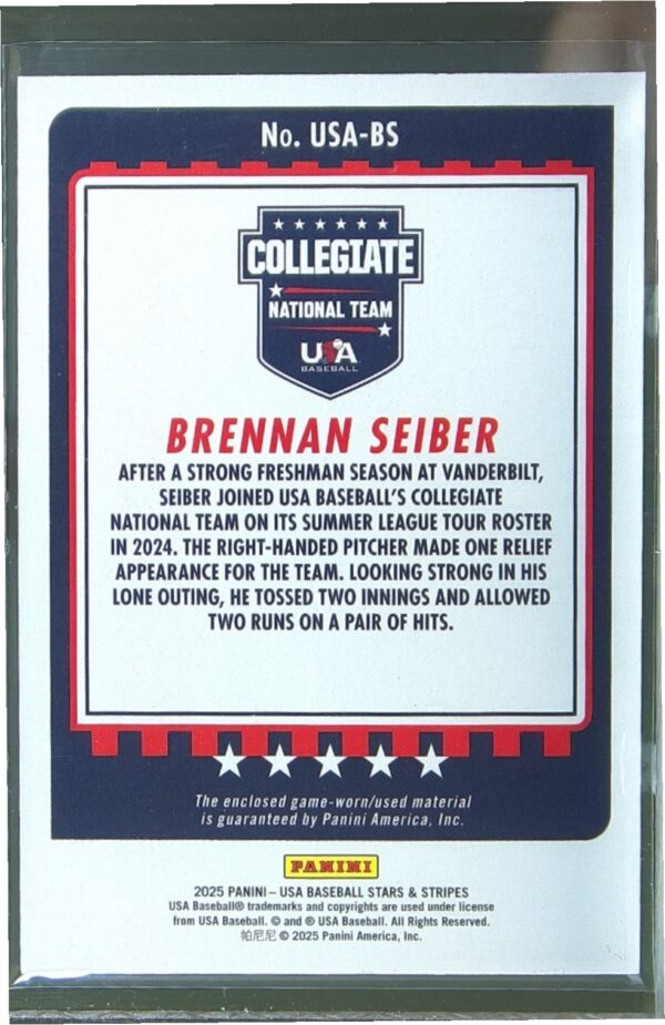 2025 Panini Stars and Stripes USA Baseball Brennan Seiber JSY #USA-BS USA - Image 3