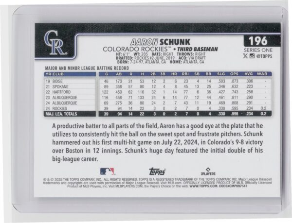 2025 Topps Aaron Schunk RC #196 Rockies - Image 3