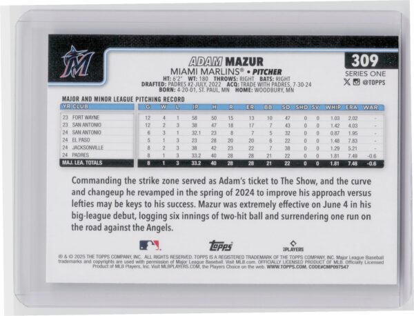2025 Topps Adam Mazur RC #309 Marlins - Image 3