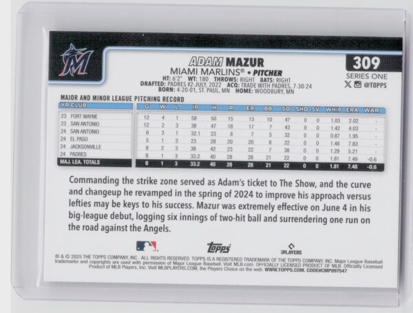 2025 Topps Adam Mazur RC #309 Marlins - Image 3