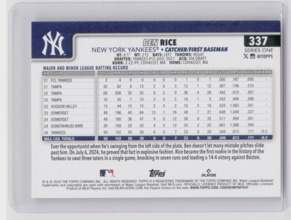 2025 Topps Ben Rice RC #337 Yankees - Image 3