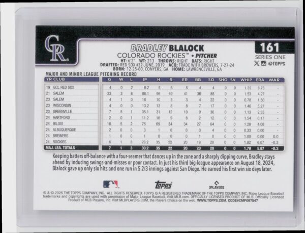 2025 Topps Bradley Blalock RC #161 Rockies - Image 3