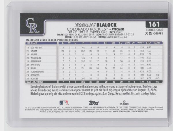 2025 Topps Bradley Blalock RC #161 Rockies - Image 3