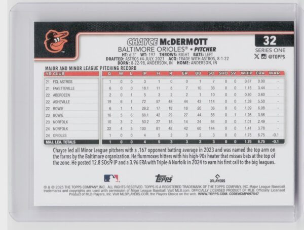 2025 Topps Chayce McDermott RC #32 Orioles - Image 3
