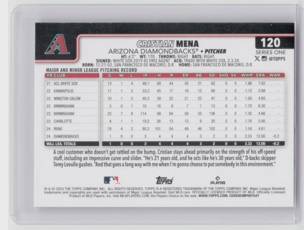 2025 Topps Cristian Mena RC #120 Diamondbacks - Image 3