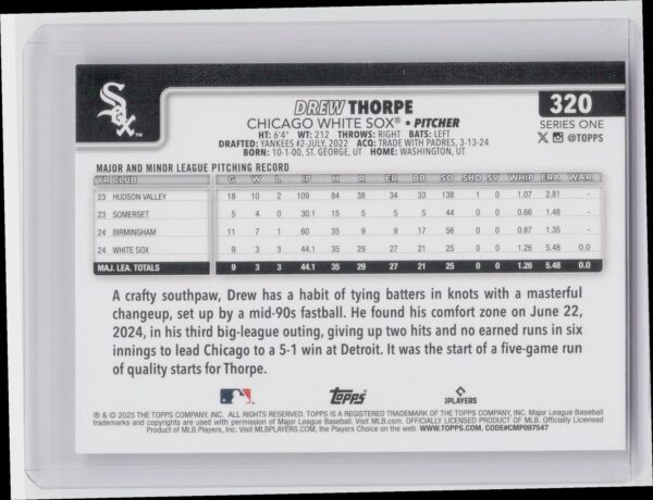 2025 Topps Drew Thorpe RC #320 White Sox - Image 3