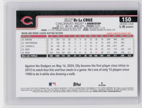 2025 Topps Elly de la Cruz #150 Reds - Image 3