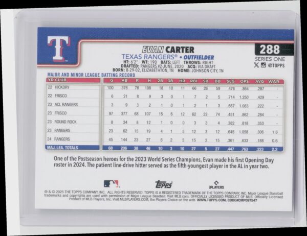 2025 Topps Evan Carter #288 Rangers - Image 3