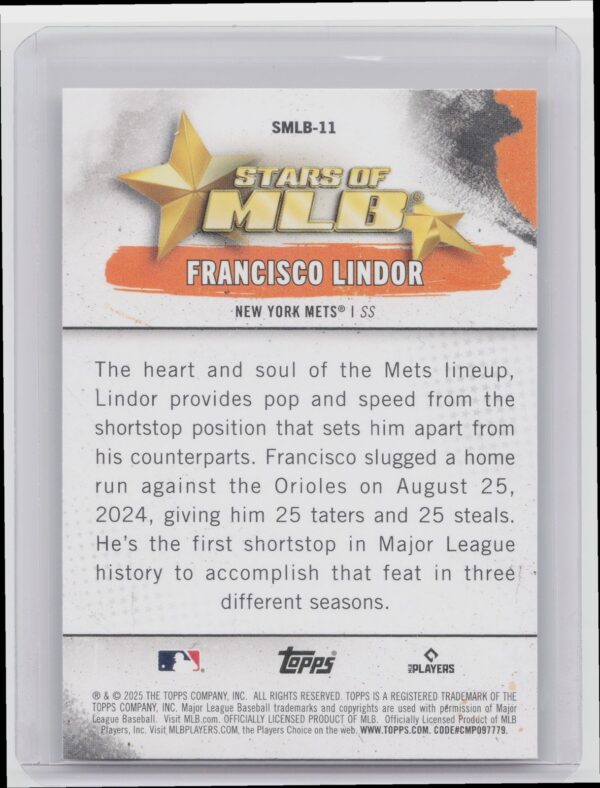 2025 Topps Francisco Lindor #SMLB-11 Mets Stars of MLB - Image 3
