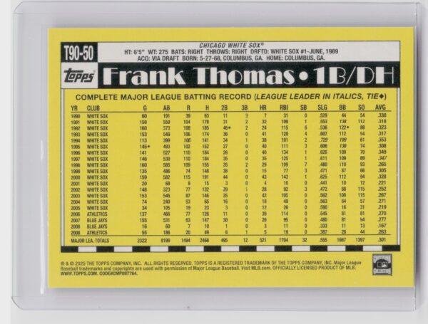2025 Topps Frank Thomas #T90-50 Sox 1990 Topps Baseball 35th Anniversary - Image 3