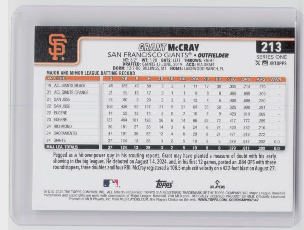 2025 Topps Grant McCray RC #213 Giants - Image 3