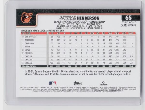 2025 Topps Gunnar Henderson #65 Orioles - Image 3