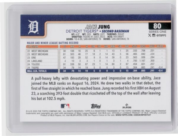 2025 Topps Jace Jung RC #80 Tigers - Image 3
