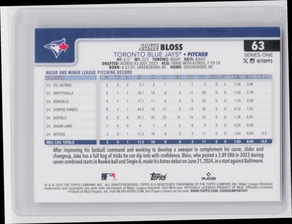 2025 Topps Jake Bloss RC #63 Jays - Image 3