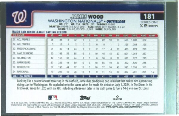 2025 Topps James Wood RC #181 Nationals - Image 3
