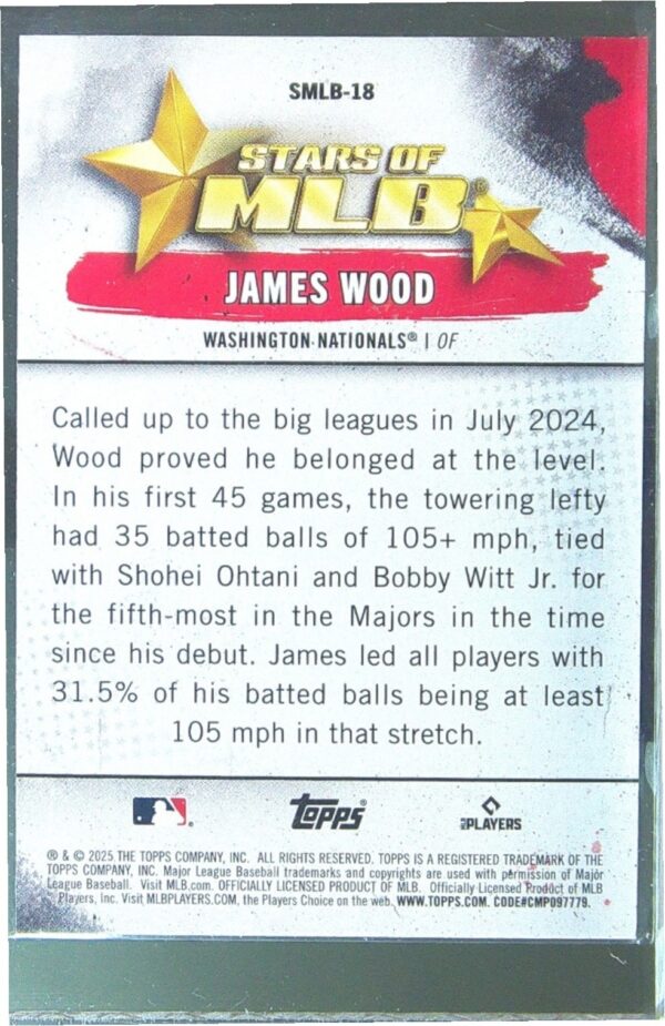 2025 Topps James Wood RC #SMLB-18 Nationals Stars of MLB - Image 3