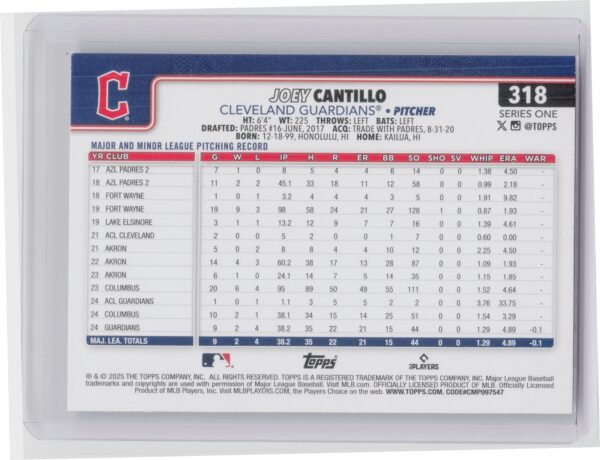 2025 Topps Joey Cantillo Diamante Foil RC #318 Guardians - Image 3