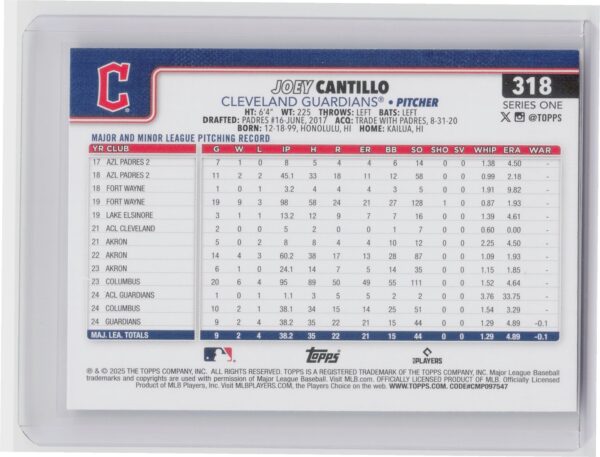 2025 Topps Joey Cantillo RC #318 Guardians - Image 3