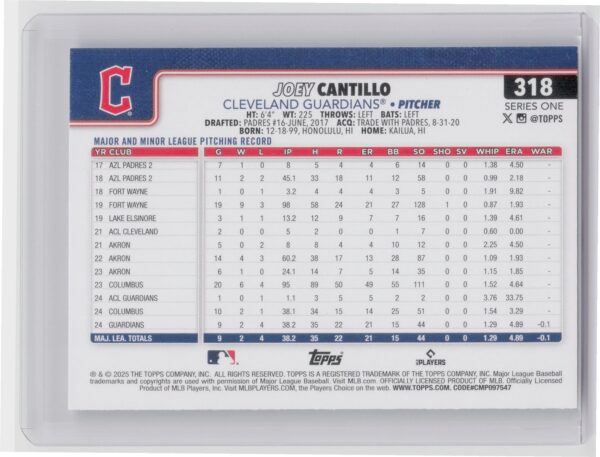 2025 Topps Joey Cantillo RC #318 Guardians - Image 3