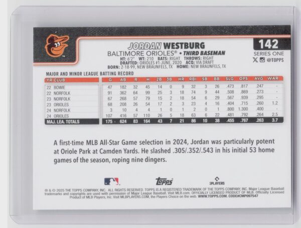 2025 Topps Jordan Westburg #142 Orioles - Image 3