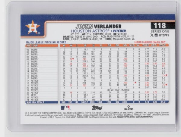 2025 Topps Justin Verlander #118 Astros - Image 3