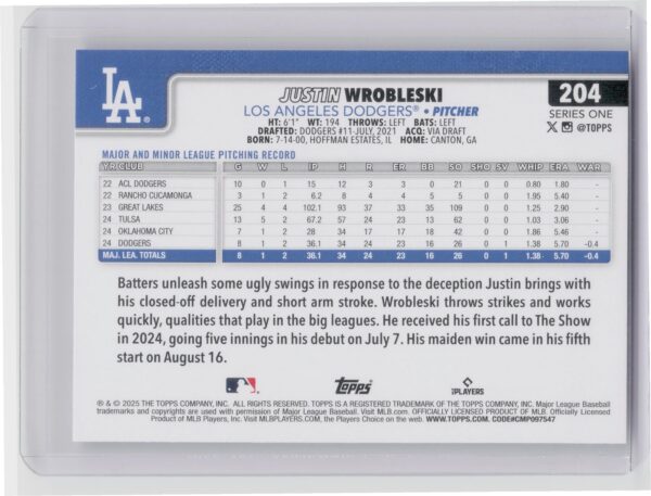 2025 Topps Justin Wrobleski RC #204 Dodgers - Image 3