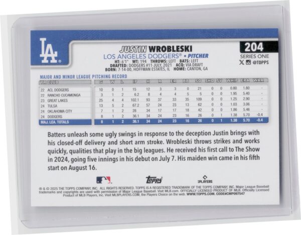 2025 Topps Justin Wrobleski RC #204 Dodgers - Image 3