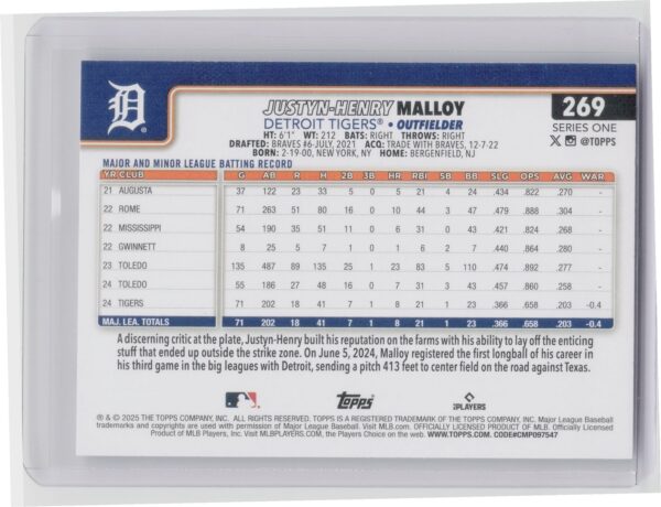 2025 Topps Justyn-Henry Malloy RC #269 Tigers - Image 3