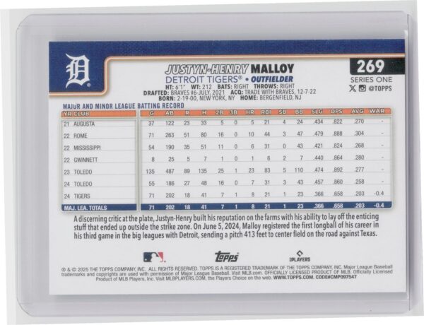 2025 Topps Justyn-Henry Malloy RC #269 Tigers - Image 3