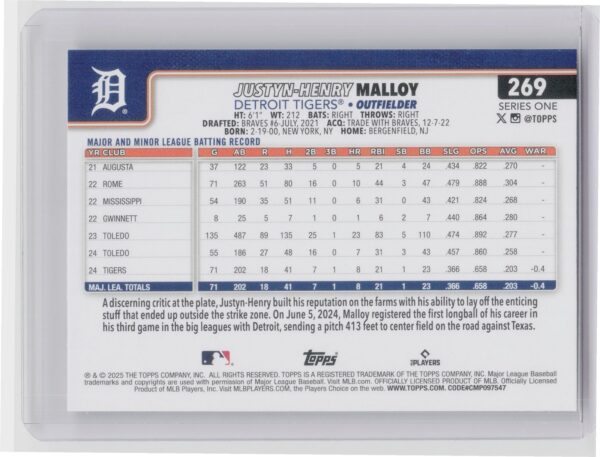 2025 Topps Justyn-Henry Malloy RC #269 Tigers - Image 3