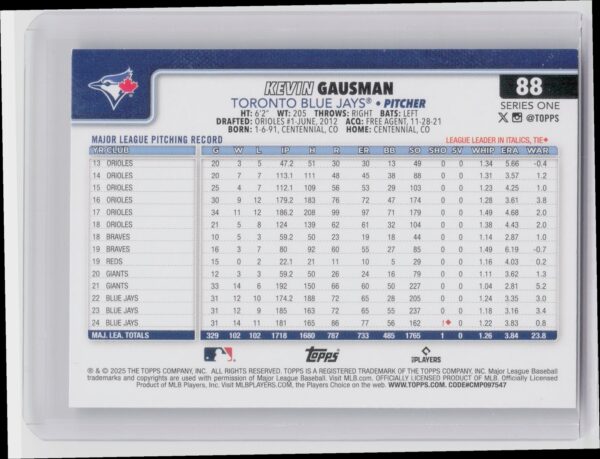 2025 Topps Kevin Gausman Diamante Foil #88 Jays - Image 3