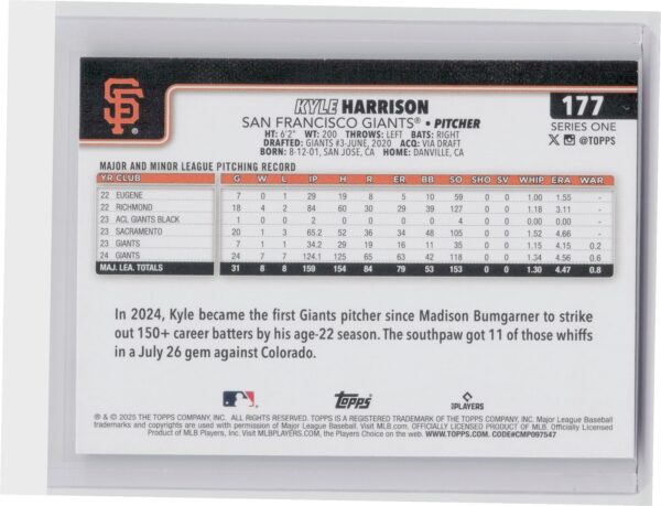 2025 Topps Kyle Harrison #177 Giants - Image 3