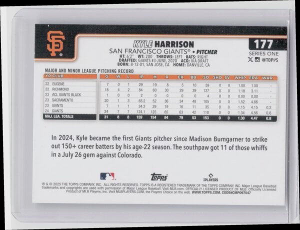 2025 Topps Kyle Harrison Diamante Foil #177 Giants - Image 3