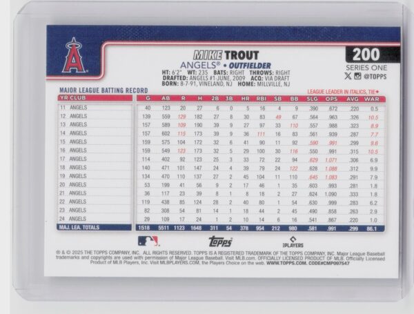2025 Topps Mike Trout #200 Angels - Image 3