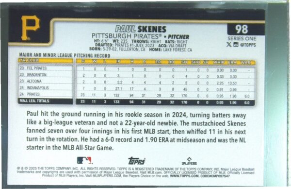 2025 Topps Paul Skenes #98 Pirates - Image 3