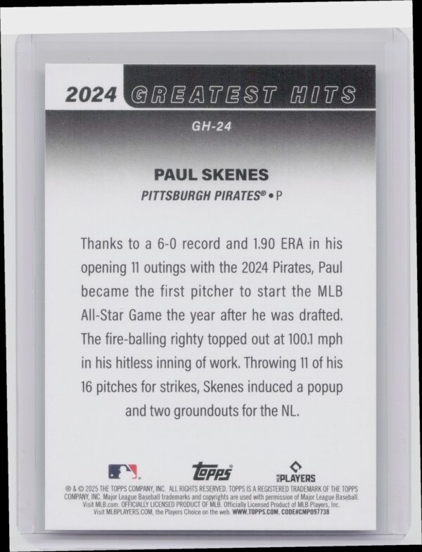2025 Topps Paul Skenes #GH-24 Pirates 2024 Greatest Hits - Image 3