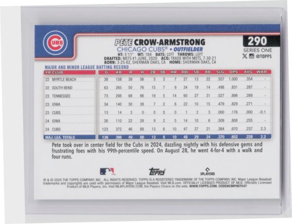 2025 Topps Pete Crow-Armstrong #290 Cubs - Image 3