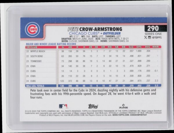 2025 Topps Pete Crow-Armstrong #290 Cubs - Image 3