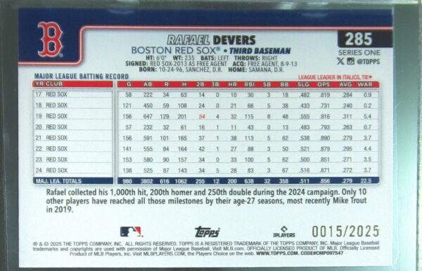 2025 Topps Rafael Devers Gold /2025 #285 Sox - Image 3