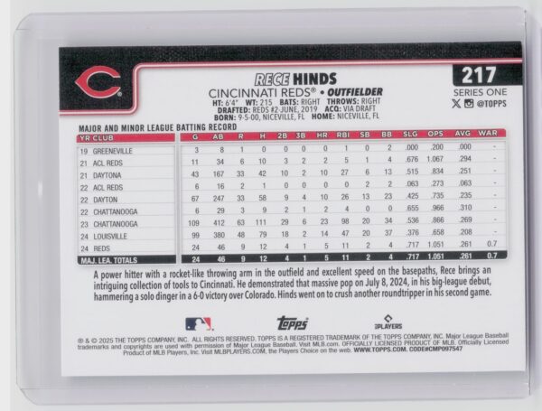 2025 Topps Rece Hinds RC #217 Reds - Image 3