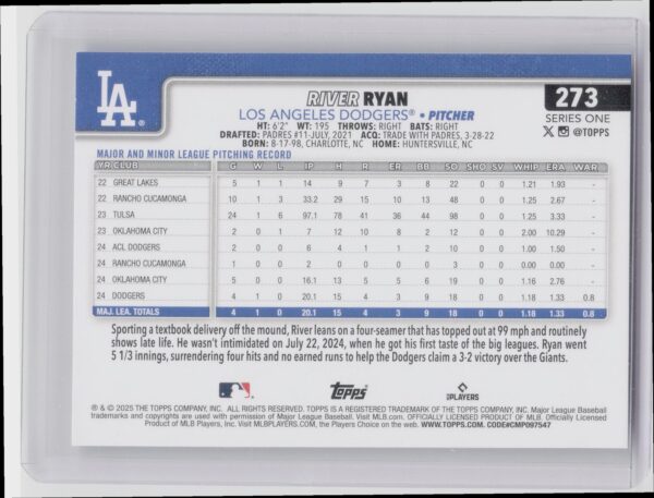 2025 Topps River Ryan RC #273 Dodgers - Image 3