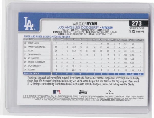 2025 Topps River Ryan RC #273 Dodgers - Image 3