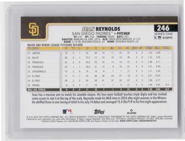 2025 Topps Sean Reynolds RC #246 Padres - Image 3