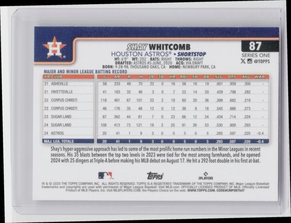 2025 Topps Shay Whitcomb RC #87 Astros - Image 3