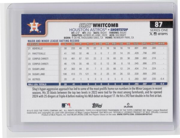 2025 Topps Shay Whitcomb RC #87 Astros - Image 3
