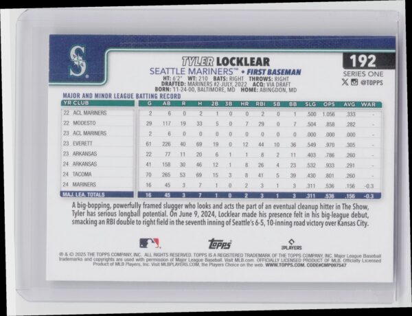 2025 Topps Tyler Locklear RC #192 Mariners - Image 3