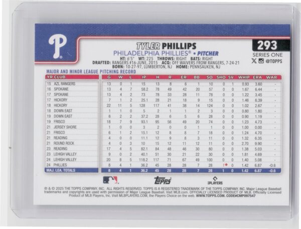 2025 Topps Tyler Phillips RC #293 Phillies - Image 3