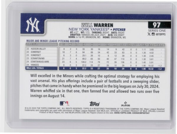 2025 Topps Will Warren Diamante Foil #97 Yankees - Image 3