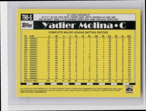 2025 Topps Yadier Molina #T90-5 Cardinals 1990 Topps Baseball 35th Anniversary - Image 3